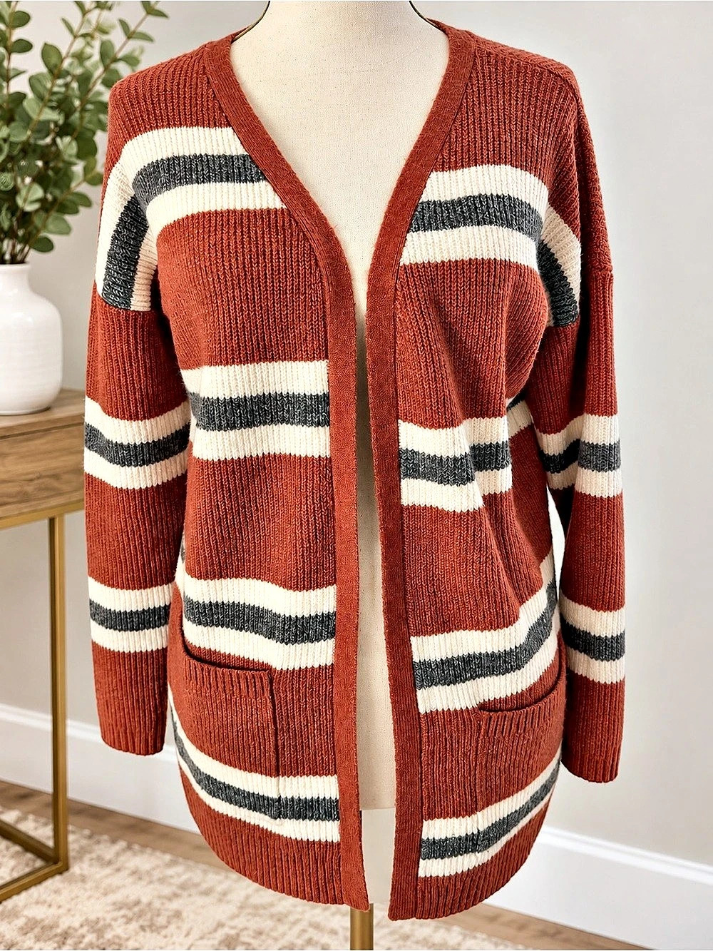 Hippie Rose Striped Cardigan in Brown & White Size Medium Like New